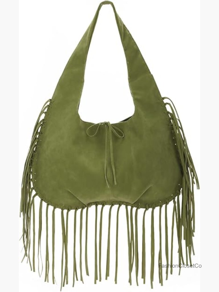 Vintage Fringe Hobo Bag Vegan Faux Suede Leather Tassel Crossbody Shoulder Purse